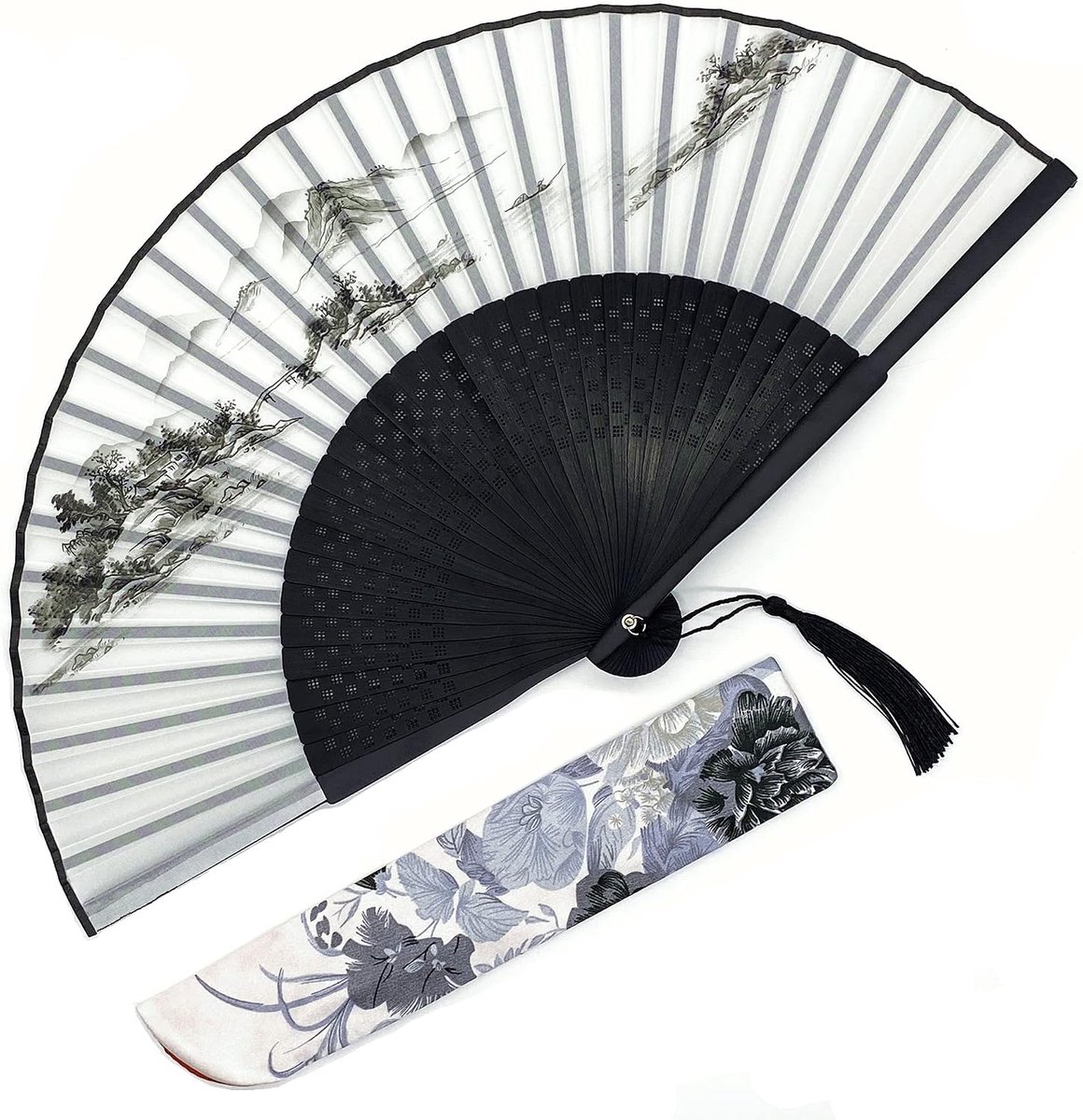 Wind Chinese Zen bamboe vouwwaaier met landschapsschildering - Inclusief hoes 21x38 cm