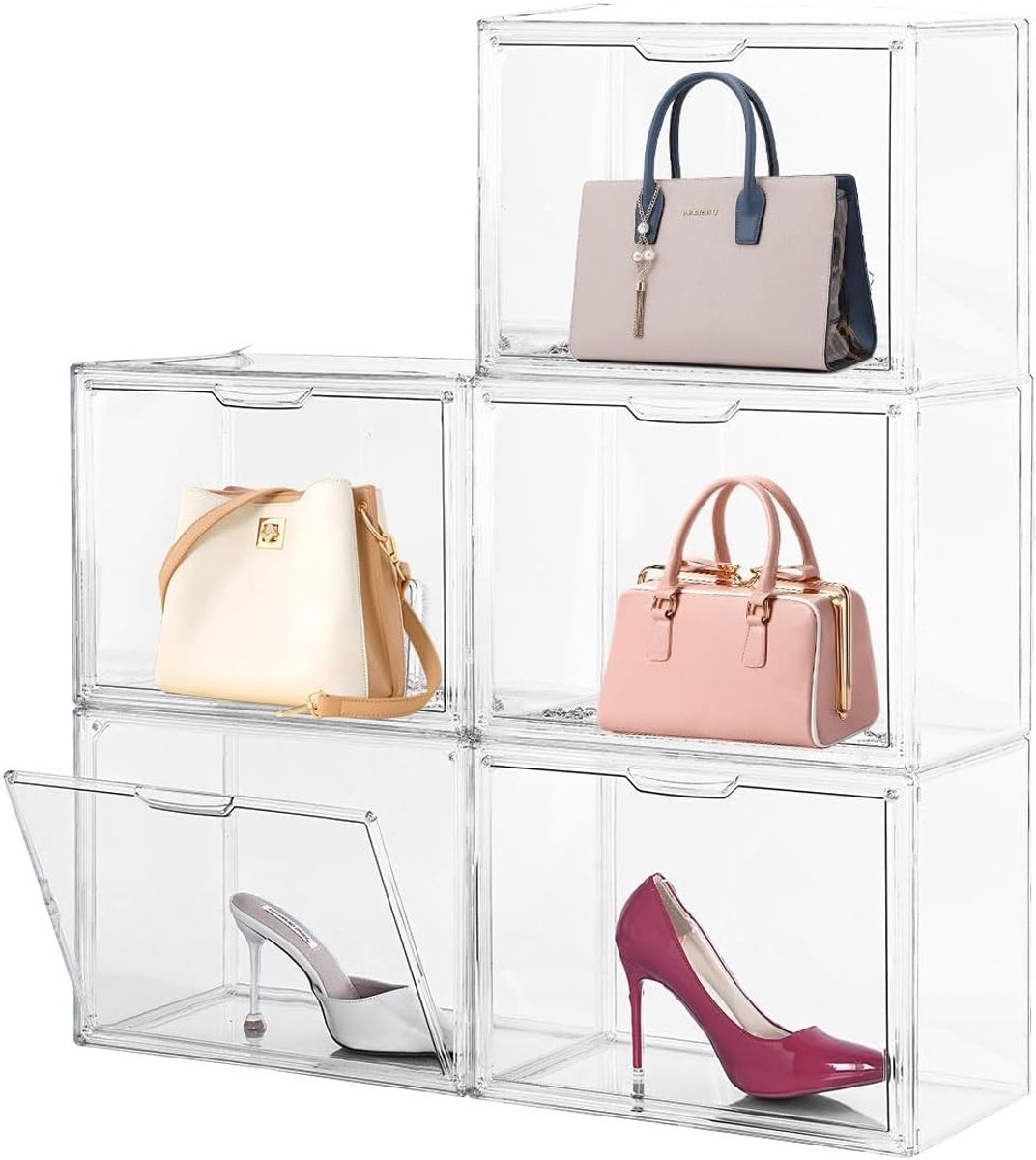Transparante Opbergdozen met Deksel - Set van 5, Stapelbare Plastic Organizers voor Handtassen en Grote Figuren, Duidelijke Acryl Display Cases met Magnetisch Deksel
