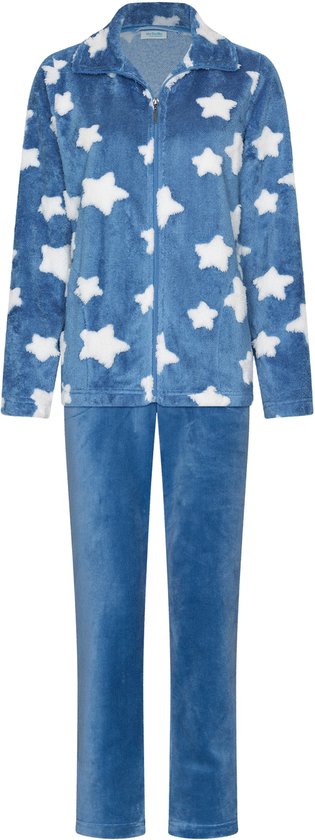 Blauw fleece pyjamapak met witte sterrenprint, lange mouwen en rits, met bijpassende blauwe broek.