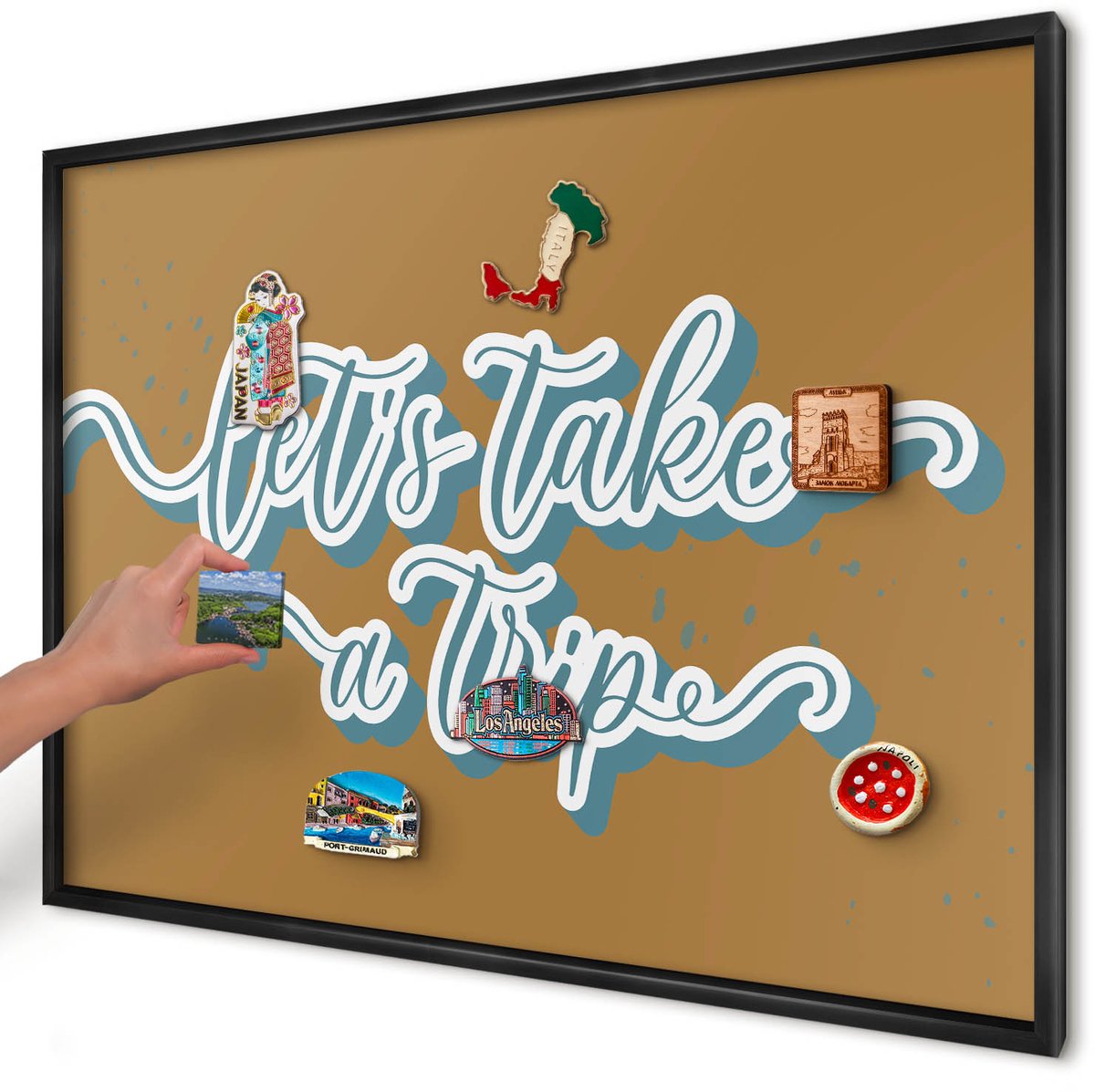 Artprintcave Bruin Magneetbord mit Zwart Frame - 100x70 cm - Droomreis Magnetisch Bord - Typografisch Memobord Keuken - Teksten