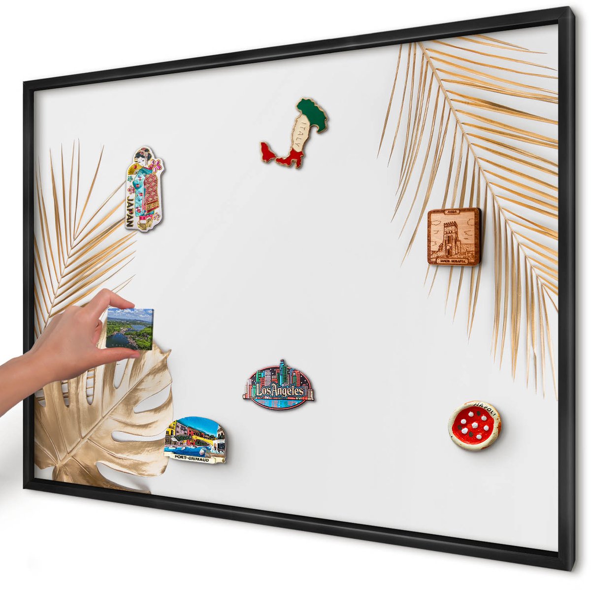 Artprintcave Wit Magneetbord mit Zwart Frame - 100x70 cm - Elegante Bladeren Magnetisch Bord - Minimalist Magneet Bord mit Frame - Bloemen En Planten