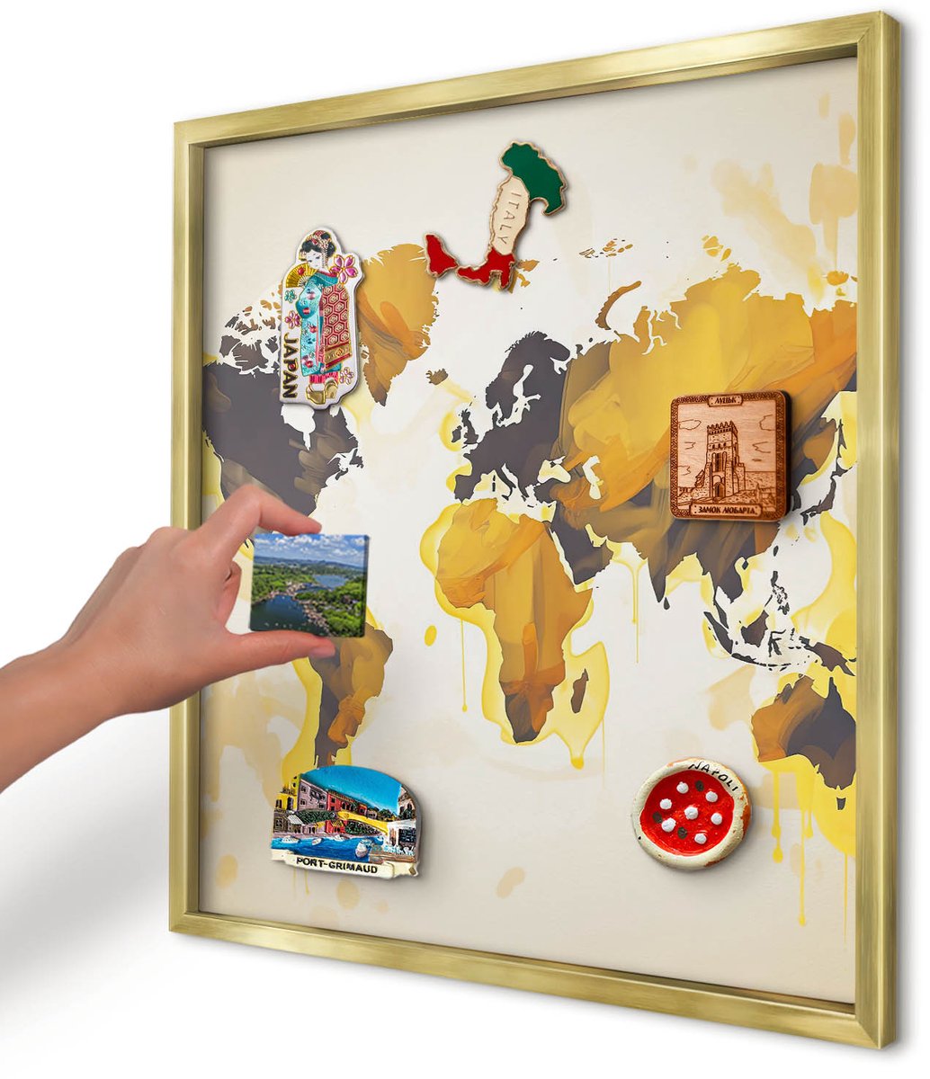 Artprintcave Geel Magneetbord mit Gouden Frame - 50x50 cm - Wereldkaart Wandbord Magnetisch - Abstract Notitiebord - Kaarten