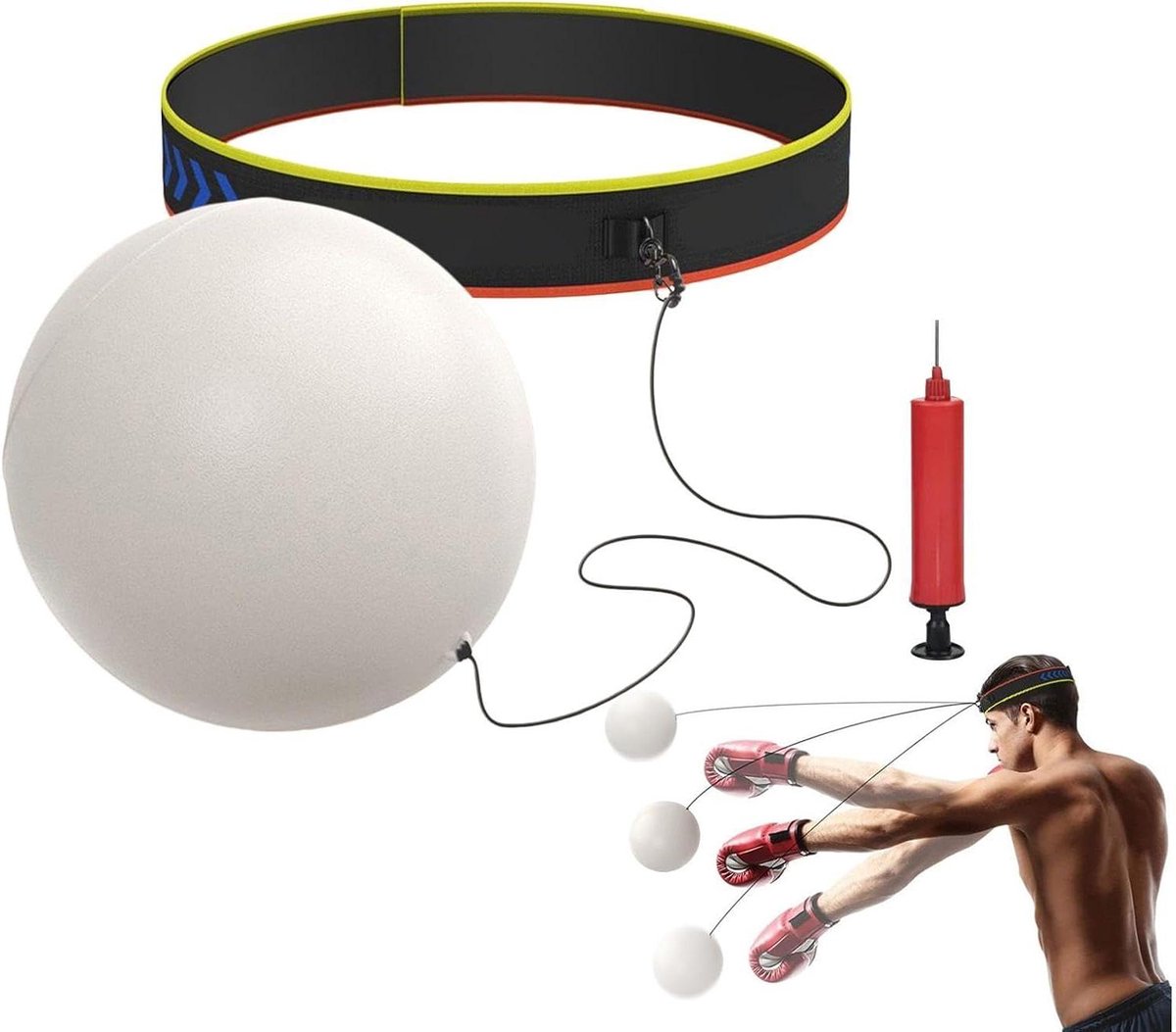 Boksbal met Hoofdband - Reflexbal Fitnessbal - Reactievermogen Trainen - Verstelbare Pasvorm - Opblaasbaar - Wit