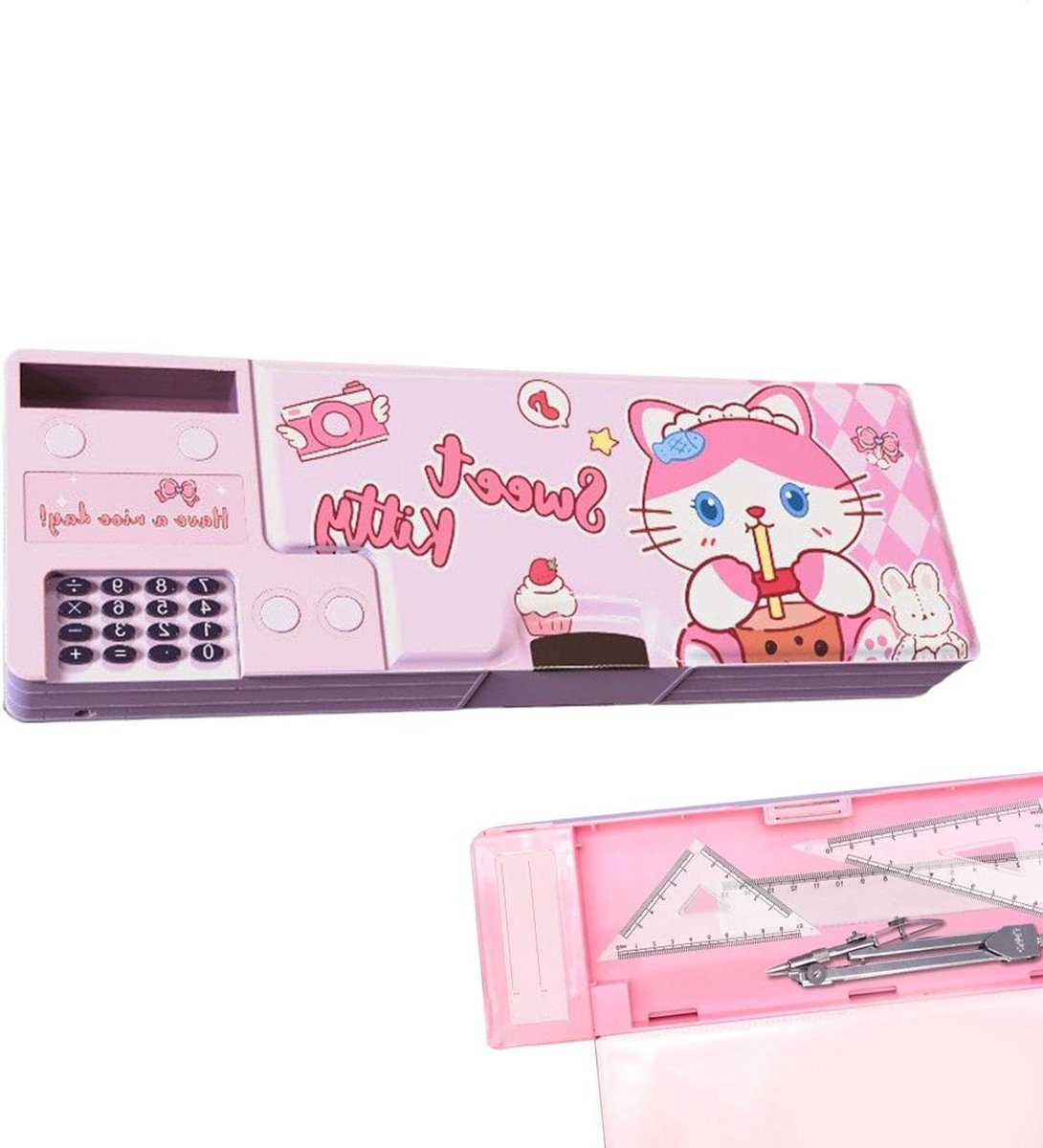 Pop Up Etui - Pennendoos Rekenmachine - Stationery Organiseren - Geïntegreerde Rekenmachine - 26 cm - Kitten