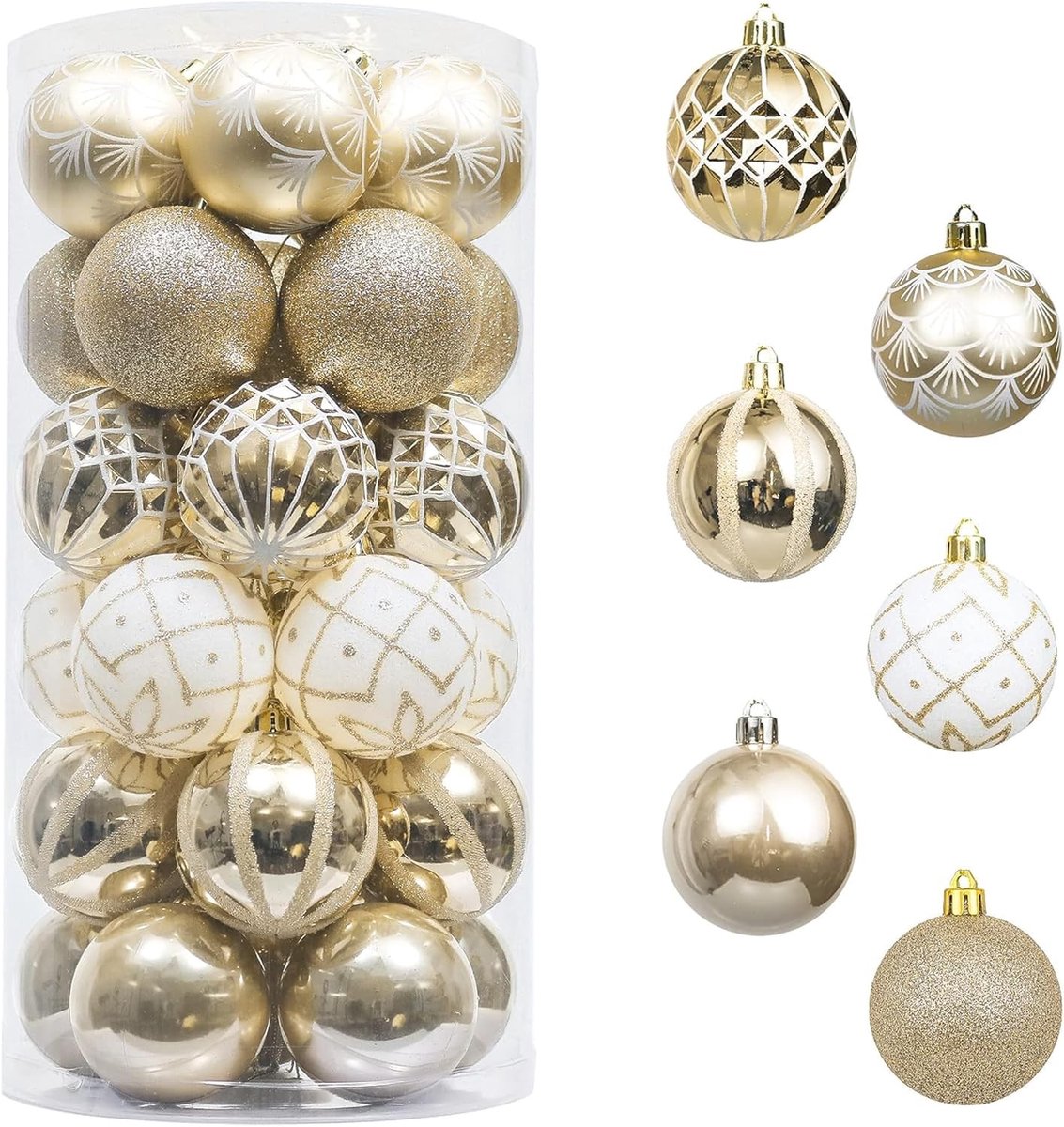 30 Stuks 5 cm Kerstballen - Shatterproof Plastic Kerstboomdecoraties met Pendant voor Feestelijke Kerstversiering in Elegant Wit en Goud