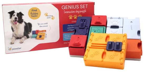 Pawzler Genius Set interactieve hondenpuzzel met kleurrijke blokken, oranje basis en hond op verpakking.