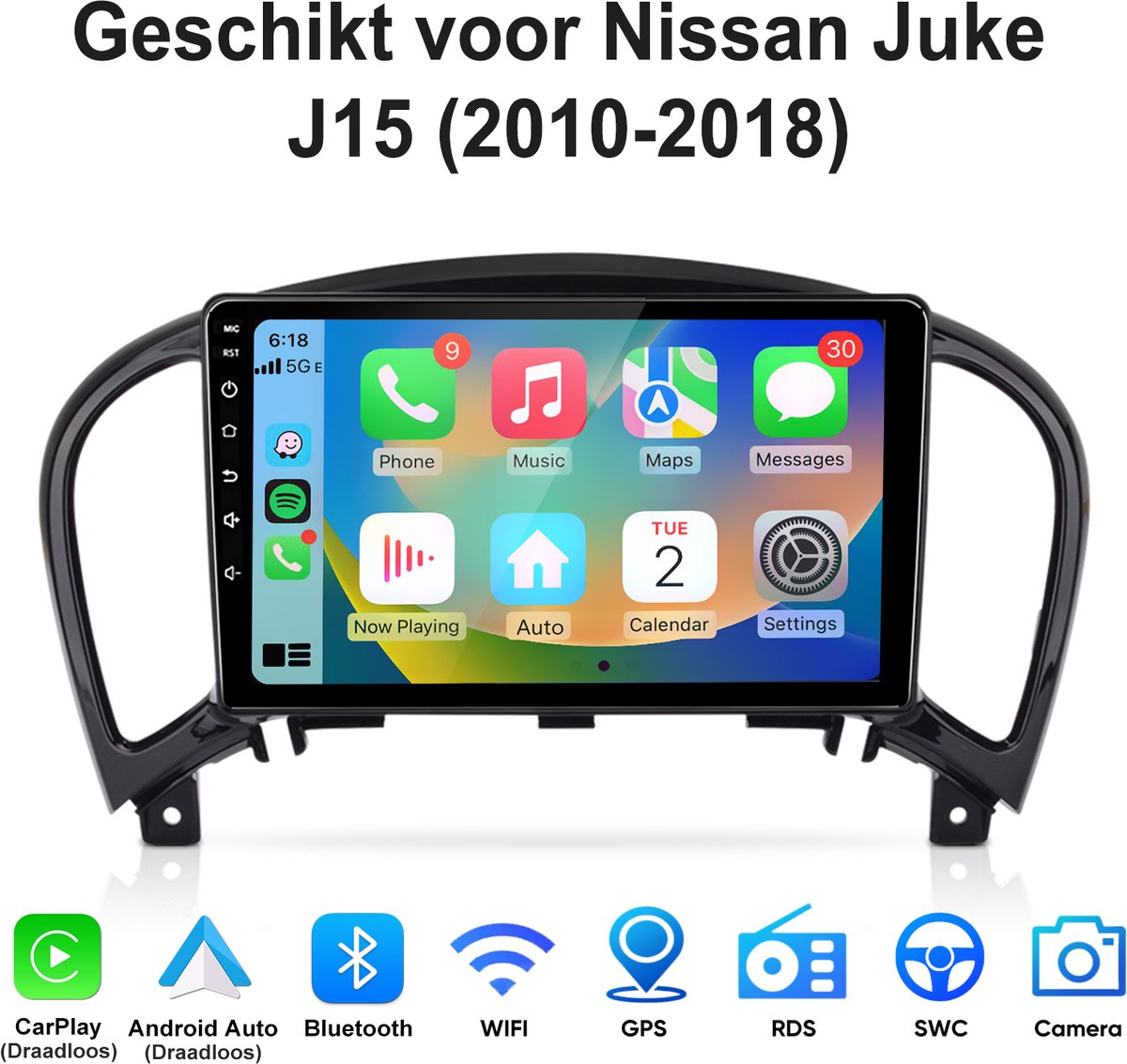 Junsun Android 15 Autoradio Met Bluetooth Geschikt voor Nissan Juke J15 (2010-2018) - 2GB+64GB - Draadloze CarPlay & Andriod Auto - GPS-Navigatie - WIFI - 9-inch Touchscreen - Stuurwielbediening - RDS - USB