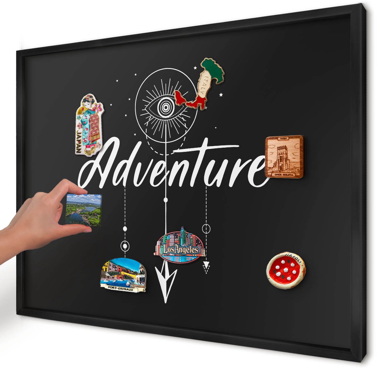 Artprintcave Zwart Magneetbord mit Zwart Frame - 70x50 cm - Avontuur Wacht. Magnetisch Bord - Typografisch Memobord Keuken - Teksten