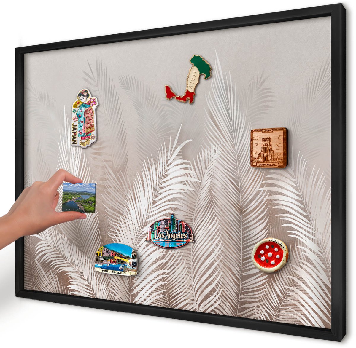 Artprintcave Beige Magneetbord mit Zwart Frame - 70x50 cm - Bladeren Van De Natuur Wandbord Magnetisch - Minimalist Magneetbord Voor Foto's - Bloemen En Planten