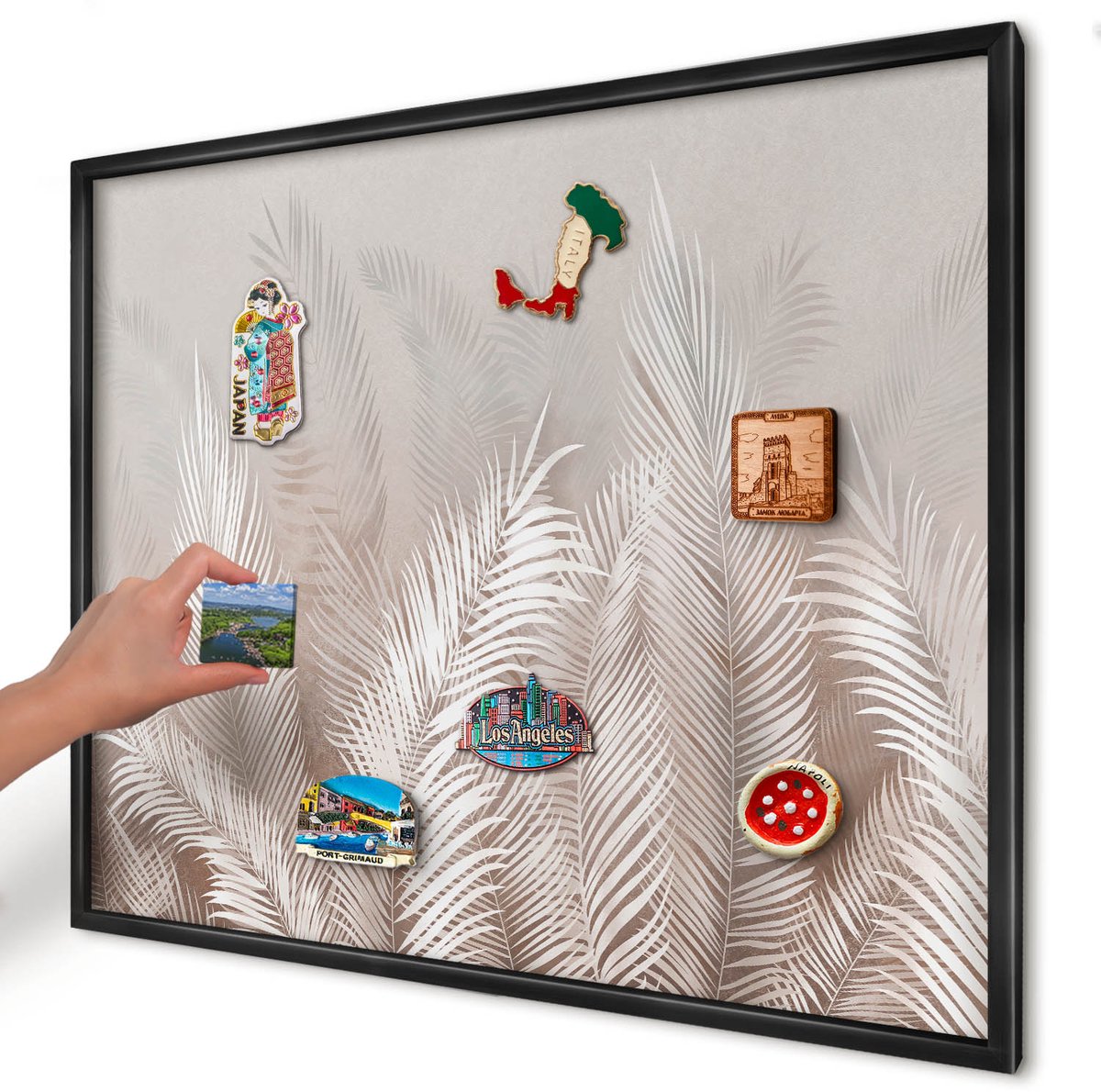 Artprintcave Beige Magneetbord mit Zwart Frame - 80x60 cm - Bladeren Van De Natuur Bord Voor Magneten - Minimalist Memobord Keuken - Bloemen En Planten