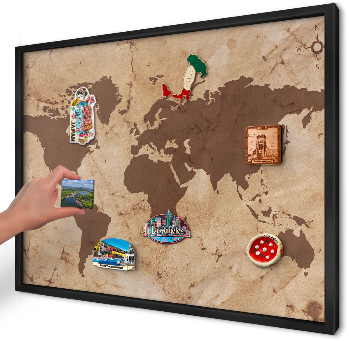 Artprintcave Bruin Magneetbord mit Zwart Frame - 70x50 cm - Wereldkaart Magneet Bord mit Frame - Vintage Magneetbord Voor Keuken - Kaarten