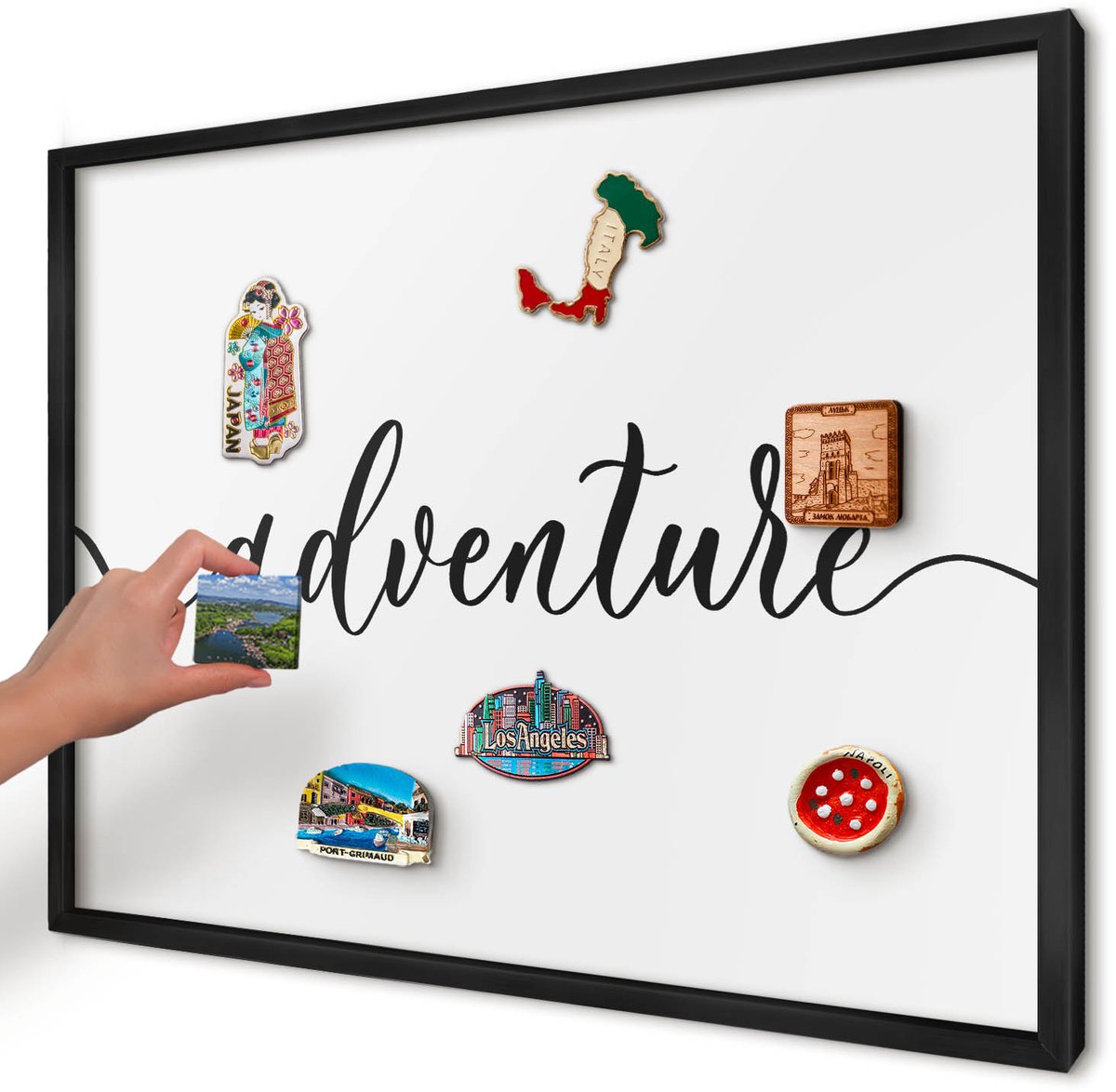 Artprintcave Wit Magneetbord mit Zwart Frame - 70x50 cm - Avontuur Geschreven Memobord Keuken - Typografisch Magneetbord Voor Keuken - Teksten