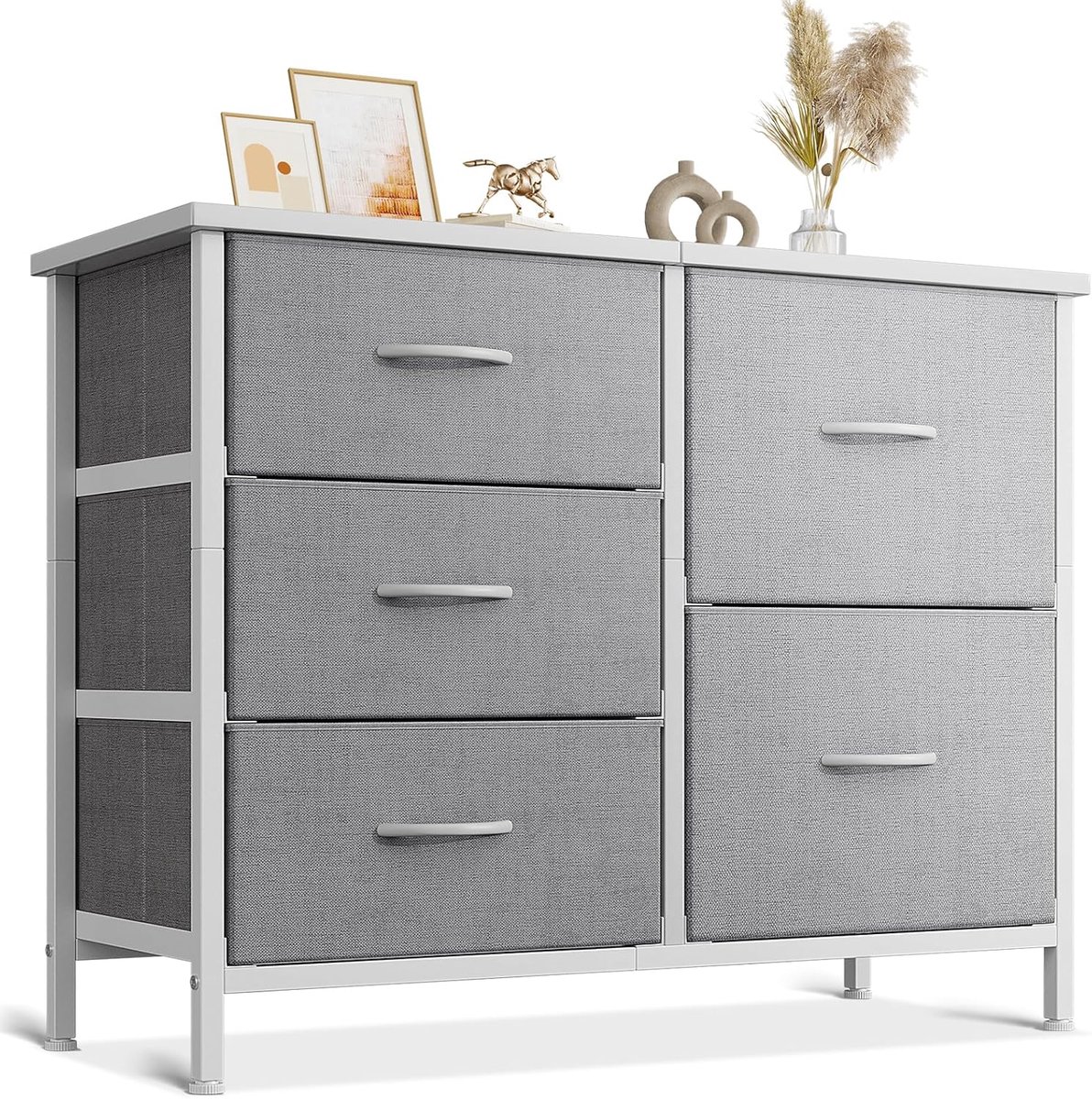 SnelShoppen - Ladenkast met 5 Stoffen Laden, 2 Grote en 3 Kleine Laden, Houten Bovenblad, Stevig Stalen Frame, Geschikt voor Slaapkamer en Woonkamer (