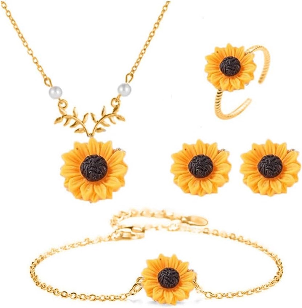 5-delige set sieraden zonnebloem ketting oorbellen armband ring set dames zilver bloemen elegante accessoires
