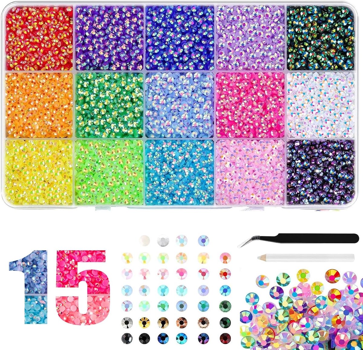 Glitterstenen, 15 kleuren, 18000-delige hars-strass-steentjes van 3 mm, bedazzling kit met pincet, applicatorstift, kleurrijke strass-steentjes met platte achterkant voor textiel, nagels