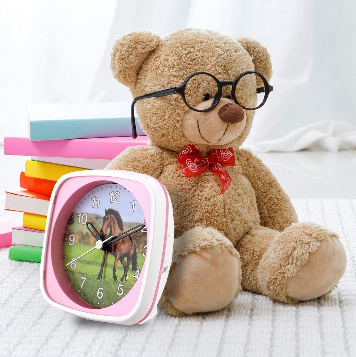SnelShoppen - Quartz Kinderwekker - Kleurrijke Motieven - Geen Tikkend Geluid - Inclusief Licht en Herstelfunctie - Roze/Paard - Perfect voor Kinderen