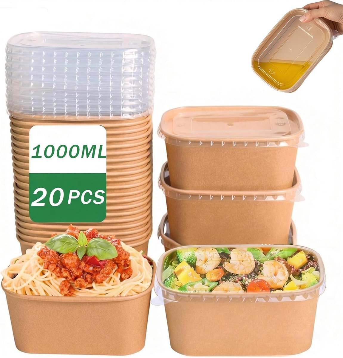 20 stuks kraftpapieren kommen met deksel, 1000 ml, Take Away kraftpapieren doos, water- en oliebestendige eetdozen voor afhaalmaaltijd, reizen en werketen, magnetron- en vriesbestendig