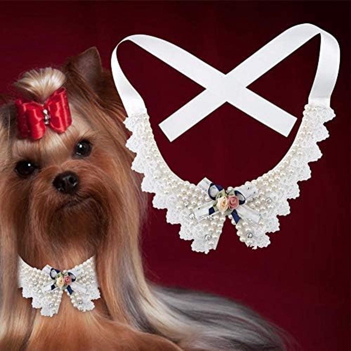 SnelShoppen - Lovely Pearl Necklace, Verstelbare Parels Strik Hondenhalsband voor Trouwerij, Huisdieren, Katten, Honden, Puppy’s, Kittens, Polyester,