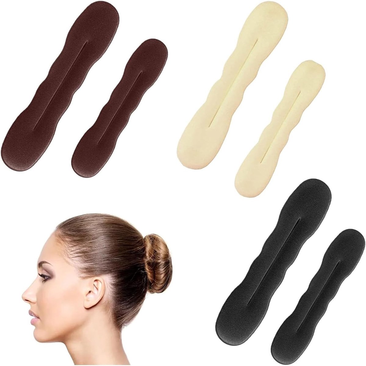 Knotkussens set van 6, haarknotmaker voor snel en eenvoudig kapsel, ideaal voor bruiloften, feesten en dagelijks gebruik in zwart, bruin en beige