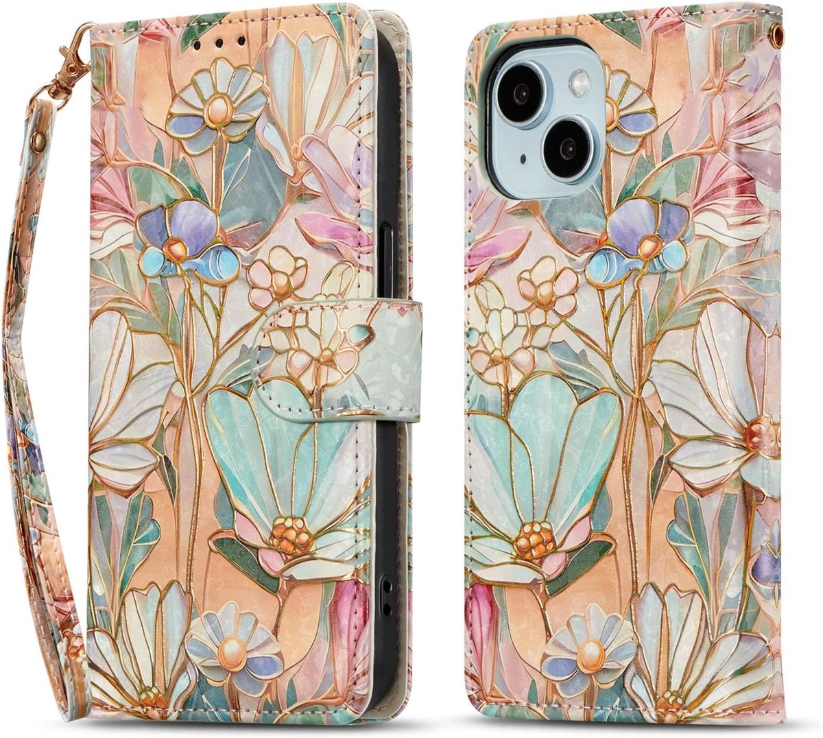 Hoes voor mobiele telefoon voor iPhone 17, premium lederen case met kaartenvak, RFID-bescherming, magneet, inklapbaar, standfunctie, beschermhoes, bloeiende bloem
