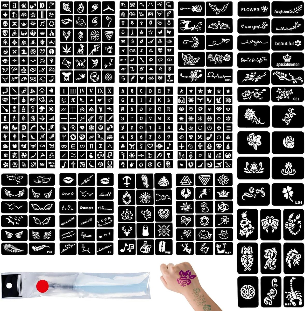 15 Stuks Henna Stencil Set, Herbruikbaar tattoosjablonen, Body art tijdelijke tatoeages stencils, Tattoosjablonen voor kinderen en volwassenen Voor Vrouwen Meisjes Tieners Gezicht Verf Lichaa