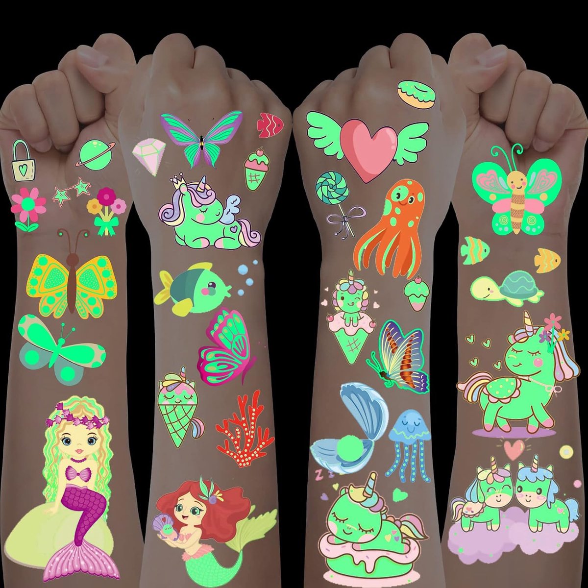 200+ tatoeages voor meisjes, glittertattooset voor kinderen, meisjes, lichtgevende eenhoorn, vlinder, zeemeermin-tatoeage kinderen, huidvriendelijke kindertattoos, kinderverjaardagscadeau, cadeautje
