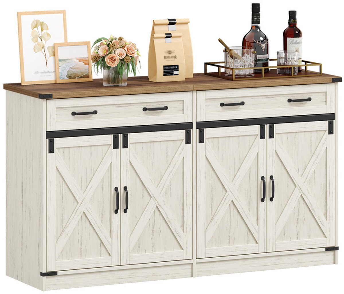 Hzuaneri Dressoir, Buffetkast Met 2 Lades, Keukenkast Met 4 Deuren, Verstelbare Planken, Landelijke Stijl, Voor Keuken Of Woonkamer, 40 x 140 x 80 cm, Vintage Wit & Honingbruin