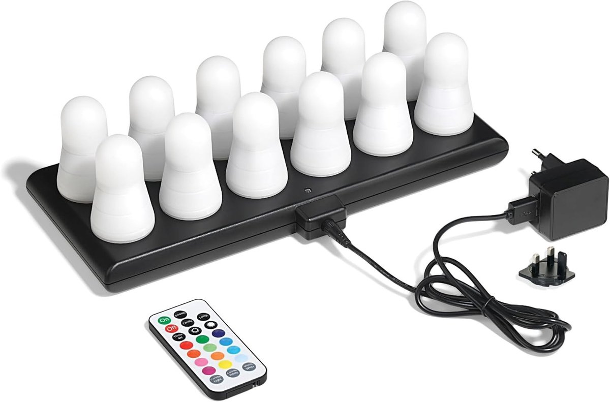 RGB LED-Theelichtjes Oplaadbaar - 12 Kleuren - Magnetische Basis - Afstandsbediening - 12 Stuks