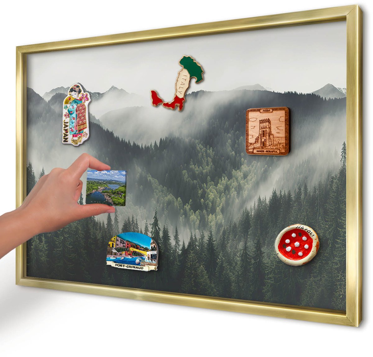 Artprintcave Groente Magneetbord mit Gouden Frame - 60x40 cm - Groene Bergen Magnetisch Bord Voor Magneten - Fotografisch Bord Voor Magneten - Landschappen