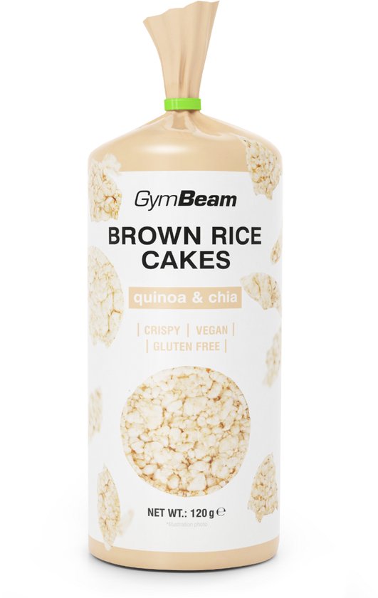 Verpakking GymBeam bruine rijstwafels met quinoa en chia, 120 g. Crispy, vegan en glutenvrij.