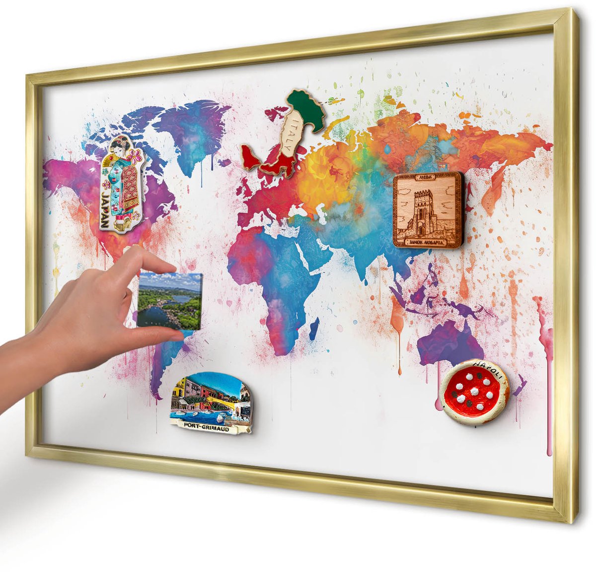 Artprintcave Blauw Magneetbord mit Gouden Frame - 60x40 cm - Kleurenkaart Wandbord Magnetisch - Waterverf Magneetbord Voor Keuken - Kaarten