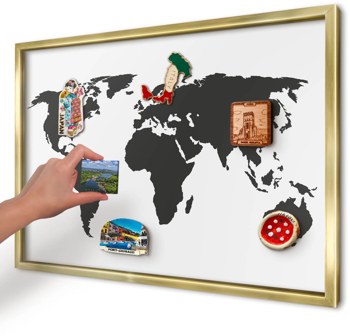 Artprintcave Zwart Magneetbord mit Gouden Frame - 60x40 cm - Wereldkaart Magneetbord Voor Keuken - Minimalist Wandbord Magnetisch - Kaarten