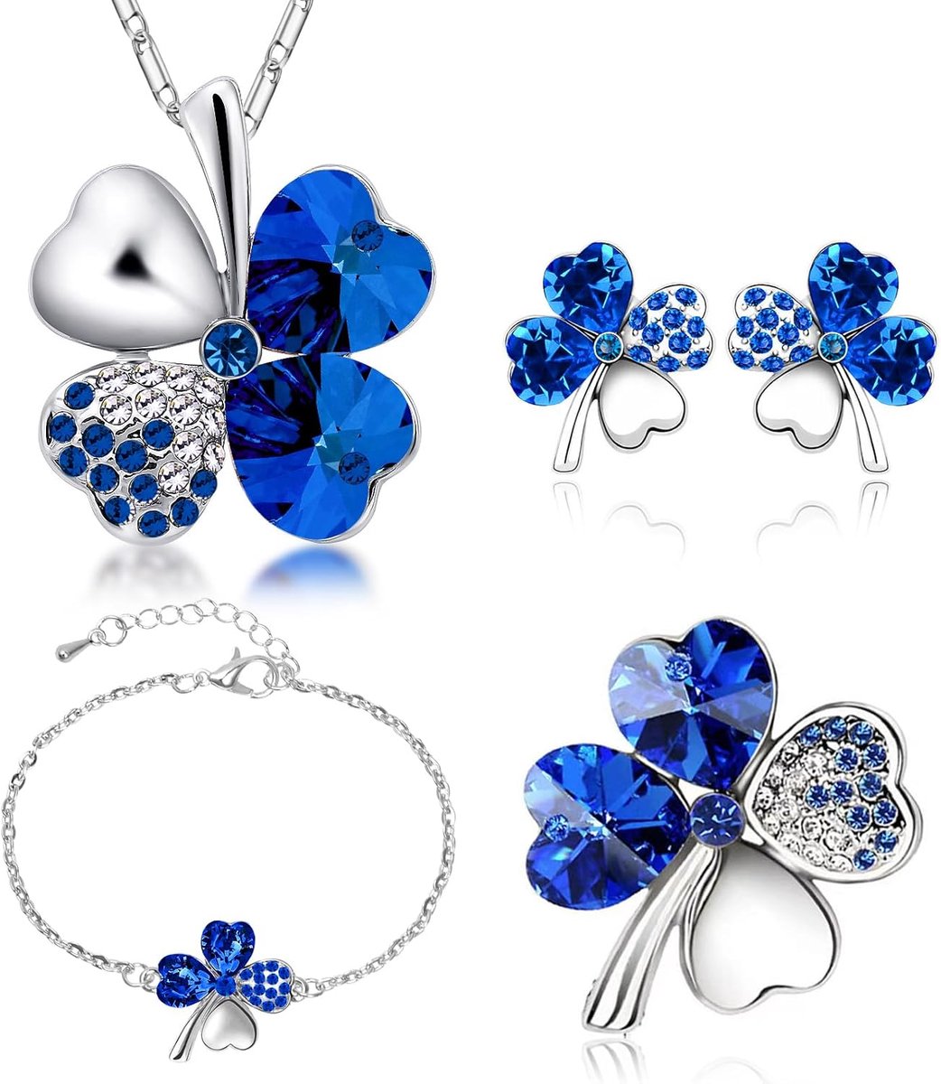 Klavertje vier sieradenset, klaver armband ketting oorbellen broche, nieuwigheid geluksklaver sieraden set voor vrouwen/moeder/dochter/vriendin/vrouw 4 stuks/set
