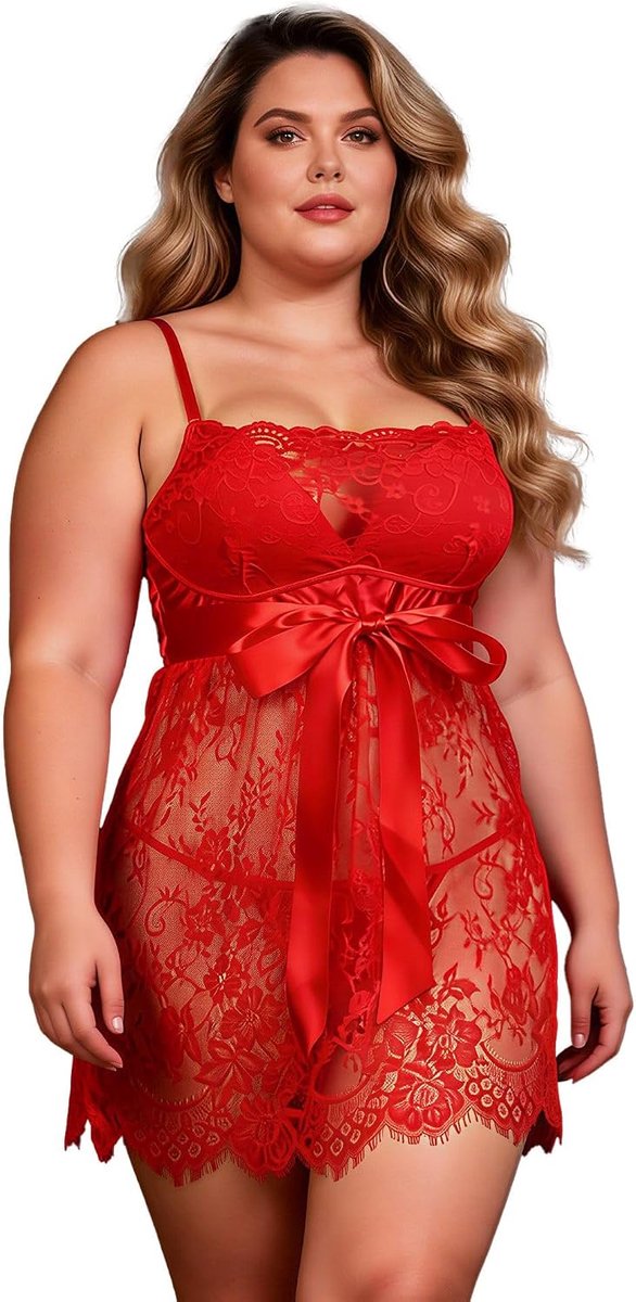 ohyeahlady Kanten damesnachthemd in grote maten mouwloze babydoll lingerie negligé | Zachte mesh chemise, 3-rijen haak terug, Curvy nachtkleding ideaal voor date night, bruiloft nacht, boudoir outfit, vrouw