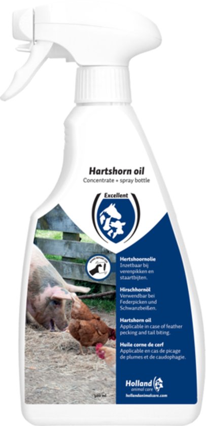 Witte spuitfles Hartshorn oil met label waarop "Excellent" staat, en een varken en kip.