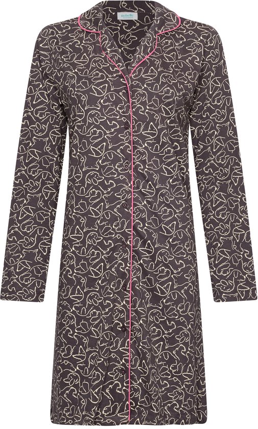 Grijs nachthemd met 'Furry Friend' print en roze bies. Lange mouwen, doorknoop.