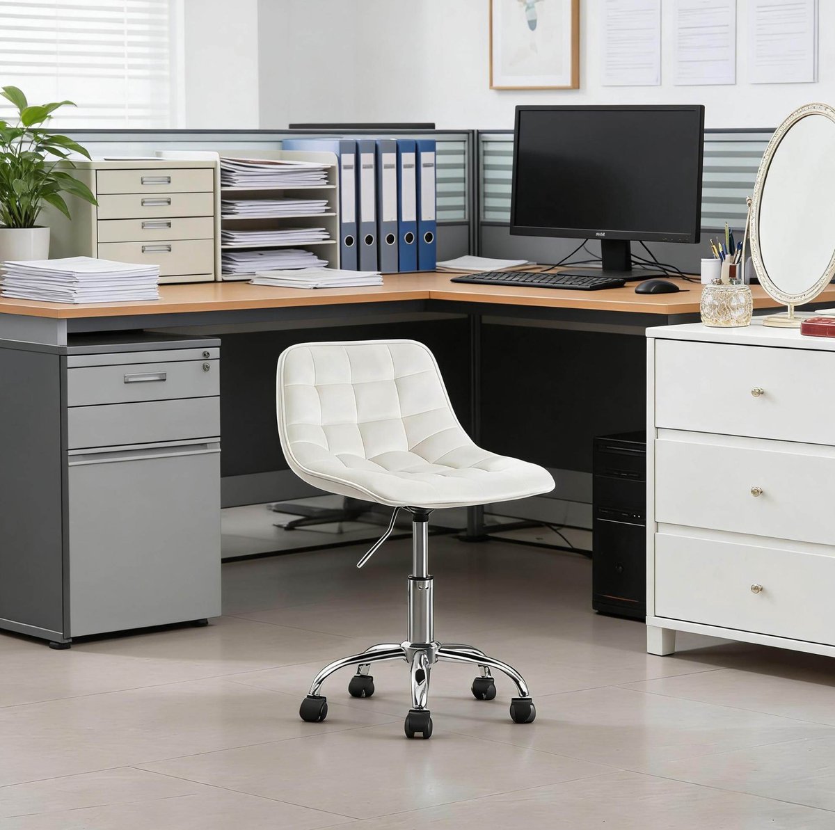 REDOM - Bureaustoel - Draaibaar en in hoogte verstelbaar - Met wielen - Zonder armleuningen - Moderne stijl - Voor kantoor, make-up tafel en computergebruik - Fluweel en metaal - 43 x 35,5 x 87,5 cm