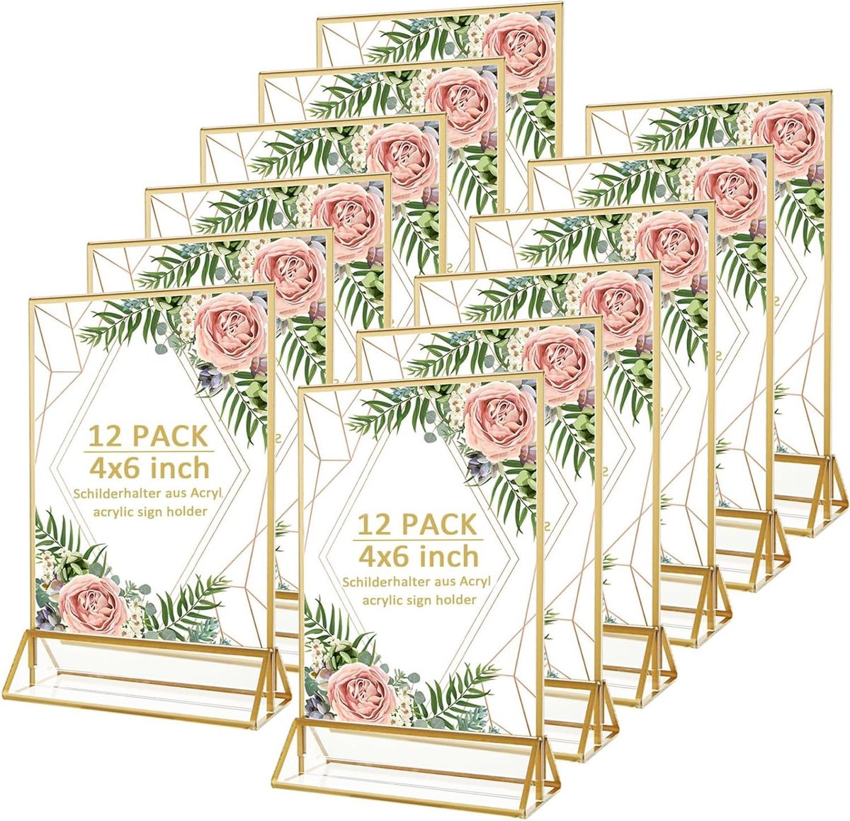12 stuks transparante tafelstandaards A6, 10 x 15 cm, tafelnummers, acryl, bruiloft, met gouden rand, staande fotolijst, goud, A6, dubbelzijdige T-standaard, menukaarthouder voor foto, café