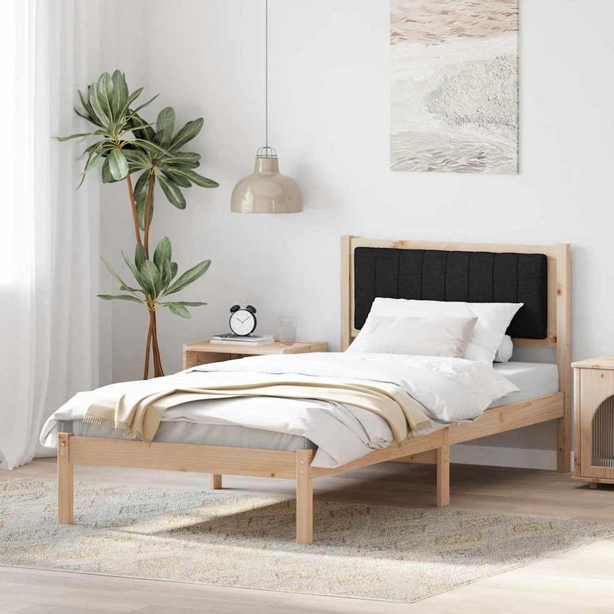 Bedframe met hoofdeinde - Houten bedbasis - Slaapkamer inrichten - Massief grenenhouten frame - 90 x 200 cm - Zwart