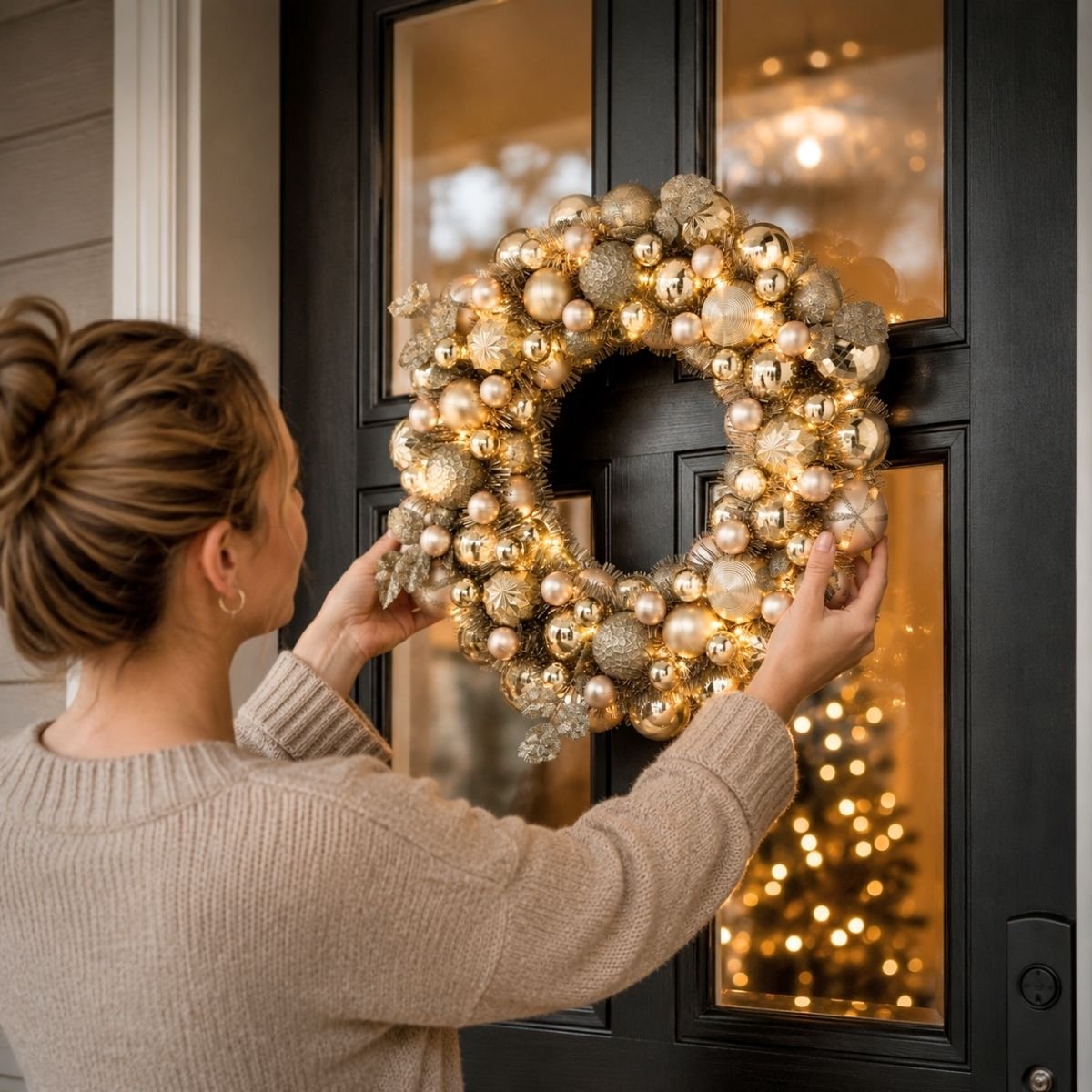 Mica Decorations Kerstkrans met Verlichting - Deurkrans H8,5 x Ø47 cm - Kerst Krans met Timer en Kerstballen - Multifunctionele Kerstversiering - Champagne – foto 7
