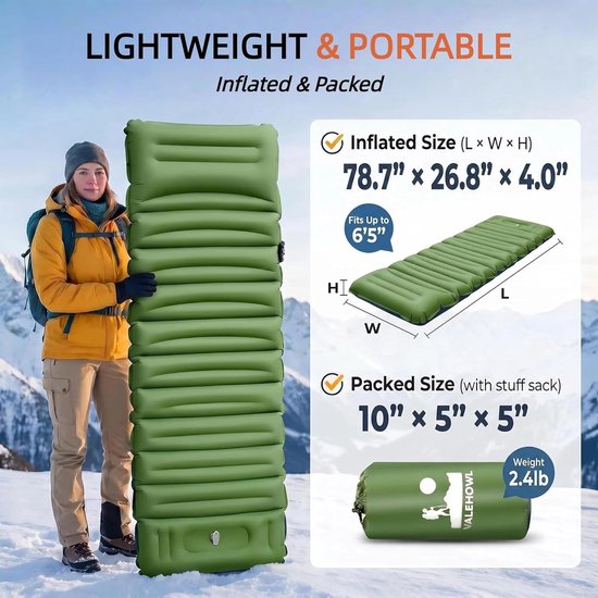4 Inch Dikke Opblaasbare Slaapmat met Voetpomp en Kussen - Lichtgewicht Kampeermatras voor Buiten — afbeelding 5