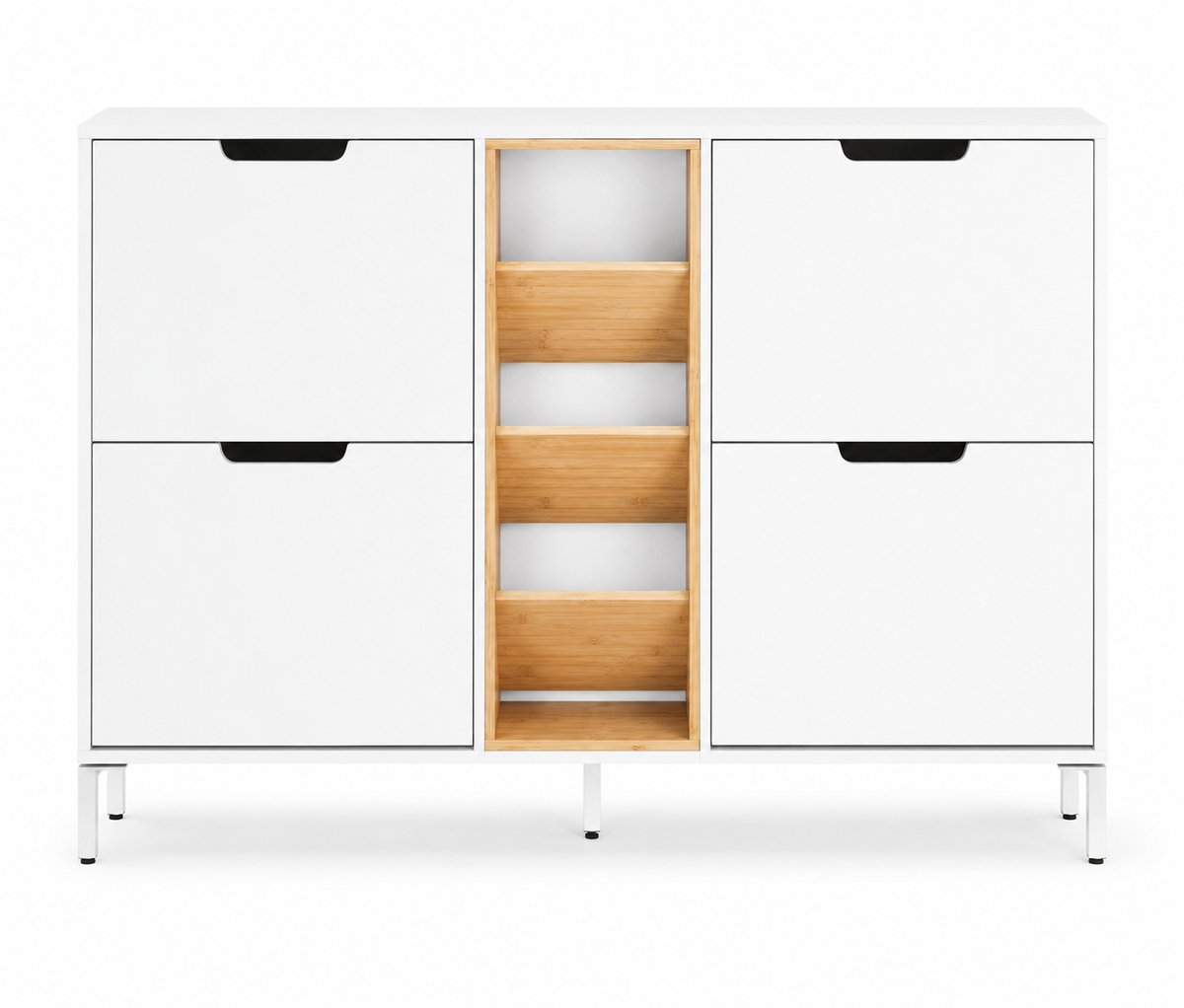 ITRONIQ Schoenenkast Met 4 Kleppen en Open Bamboe Schoenenrek - Smalle Schoenenkast Met Opbergruimte 126 x 85 x 19 CM - Wit