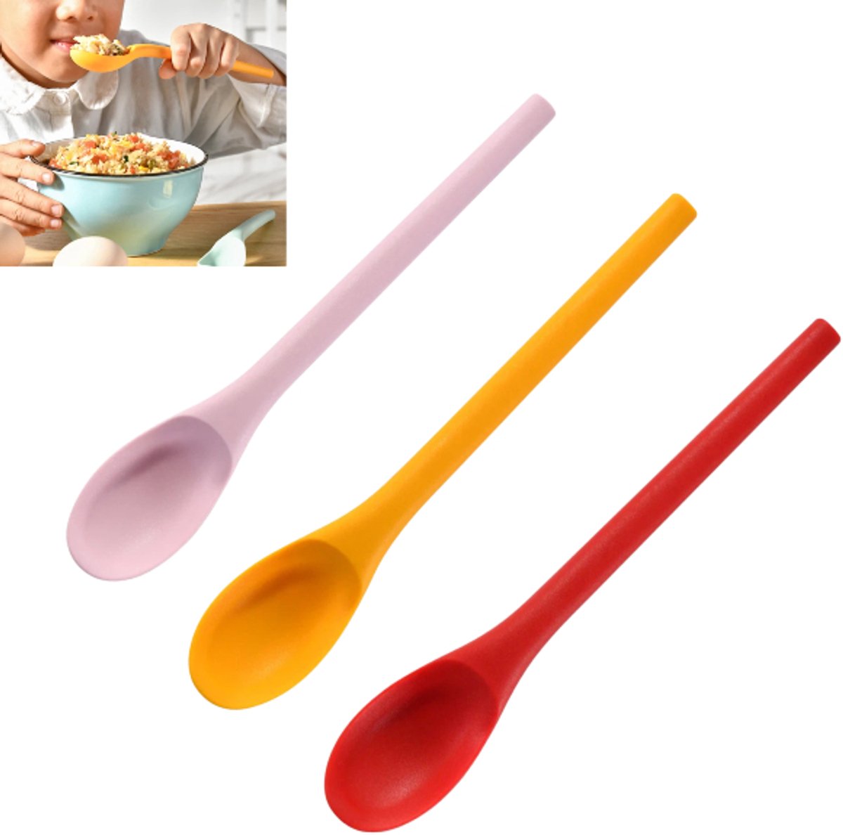 3 stuks - Kleine lepel met lange steel - Siliconen lepel - Saladelepel - Roerlepel - Kinderlepel - Koffielepel met lange steel - Roerlepel - roze, rood en geel - 20*3,5 cm - Herbruikbaar - Geschikt voor ijscoupes, cocktails en warme chocolademelk