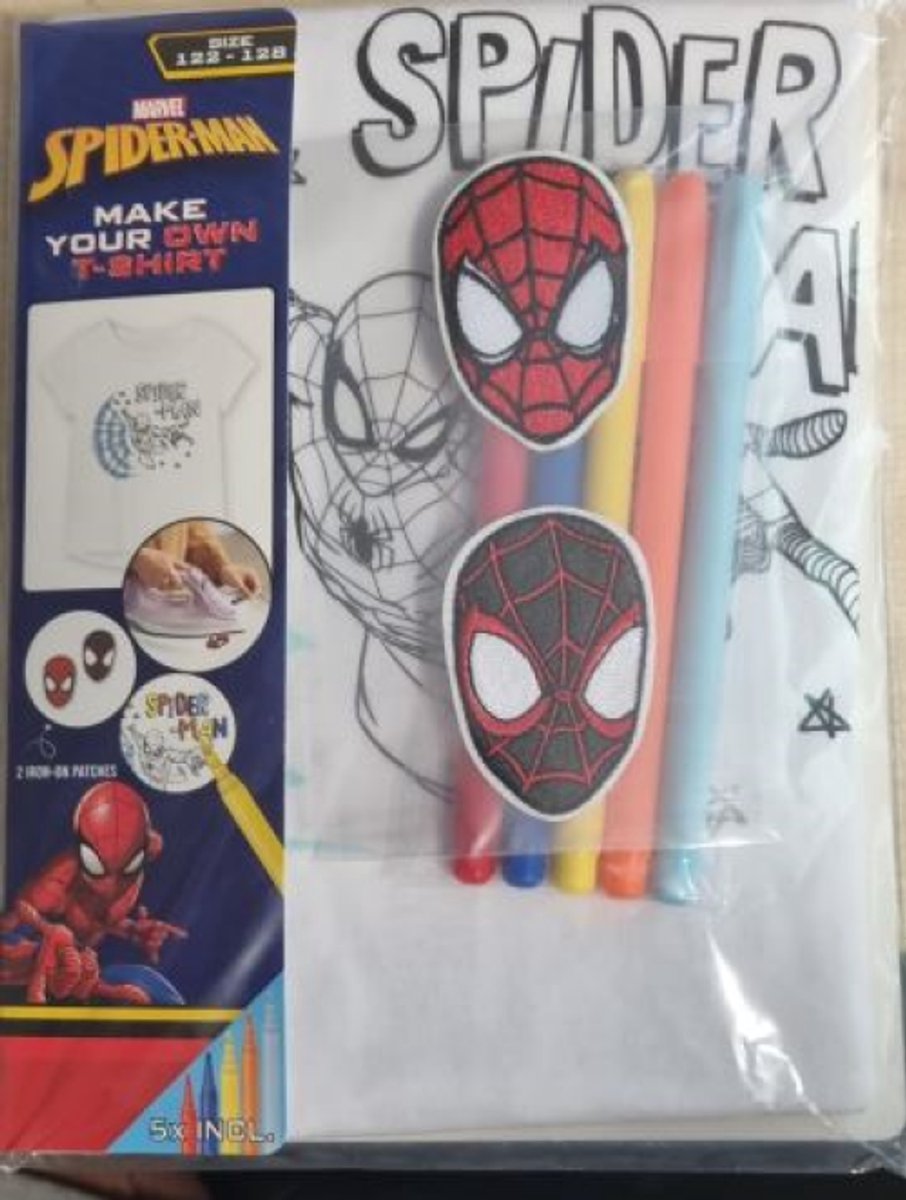 Spiderman T-shirt maken- maak je eigen spiderman T-shirt- kleuren - plakken - maat 122-128