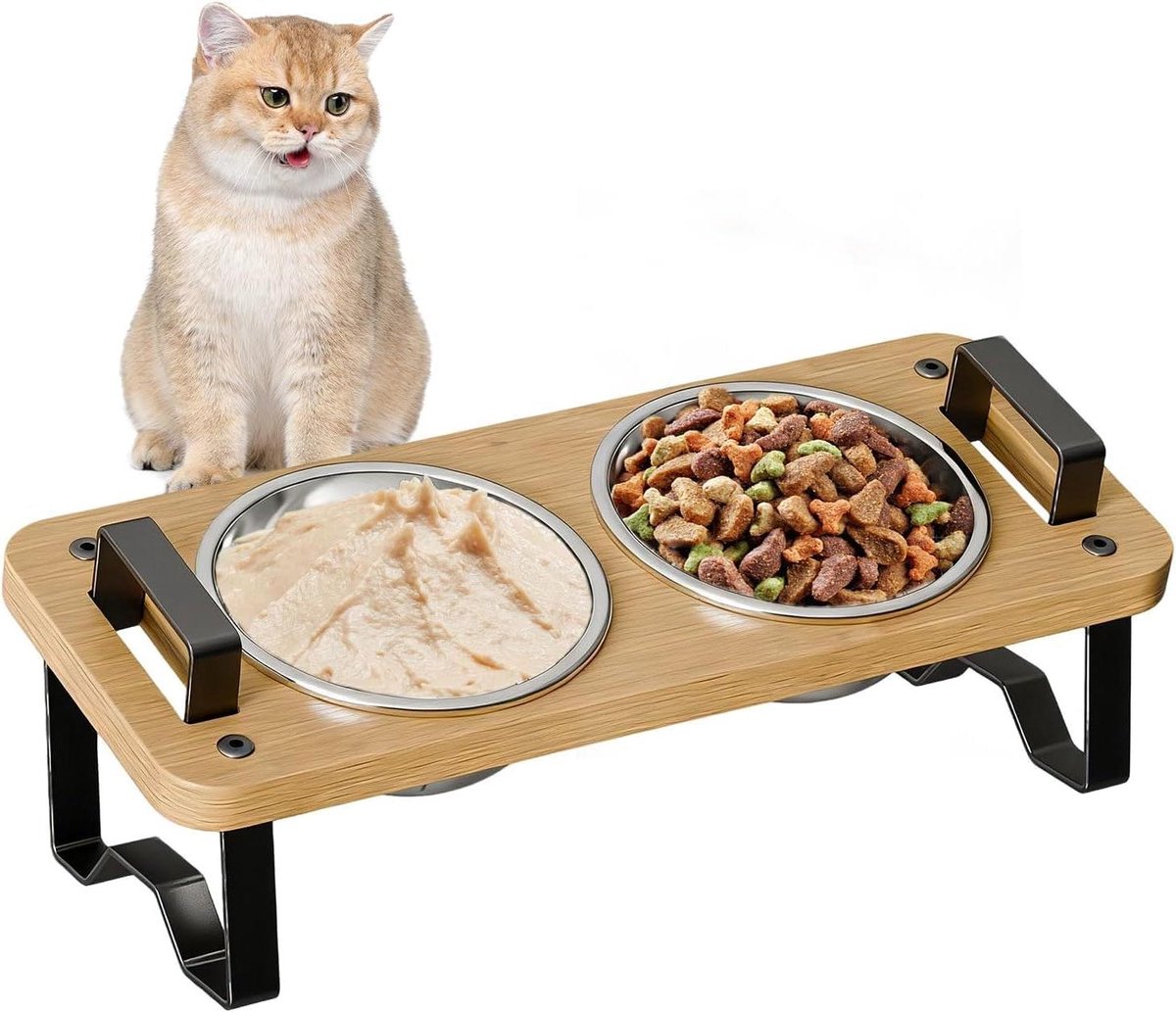 Verhoogde Voerbak Kat - Kattenvoerstation Dubbel - Comfortabel Eten - Nekbescherming Ergonomisch - 2 Bakken - Zwart