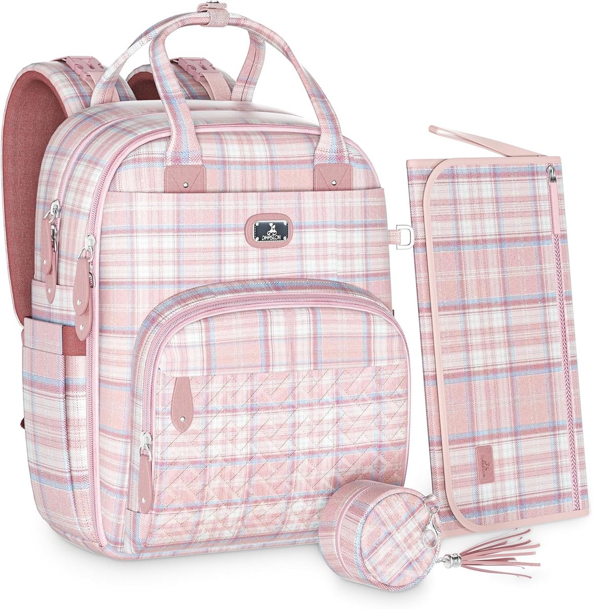 SnelShoppen - Dikaslon Luiertas Rugzak Grote Luierrugzak met Opbergruimte, Fopspeenhouder, Aankleedkussen en Kinderwagenriemen voor Mama en Papa (Roze