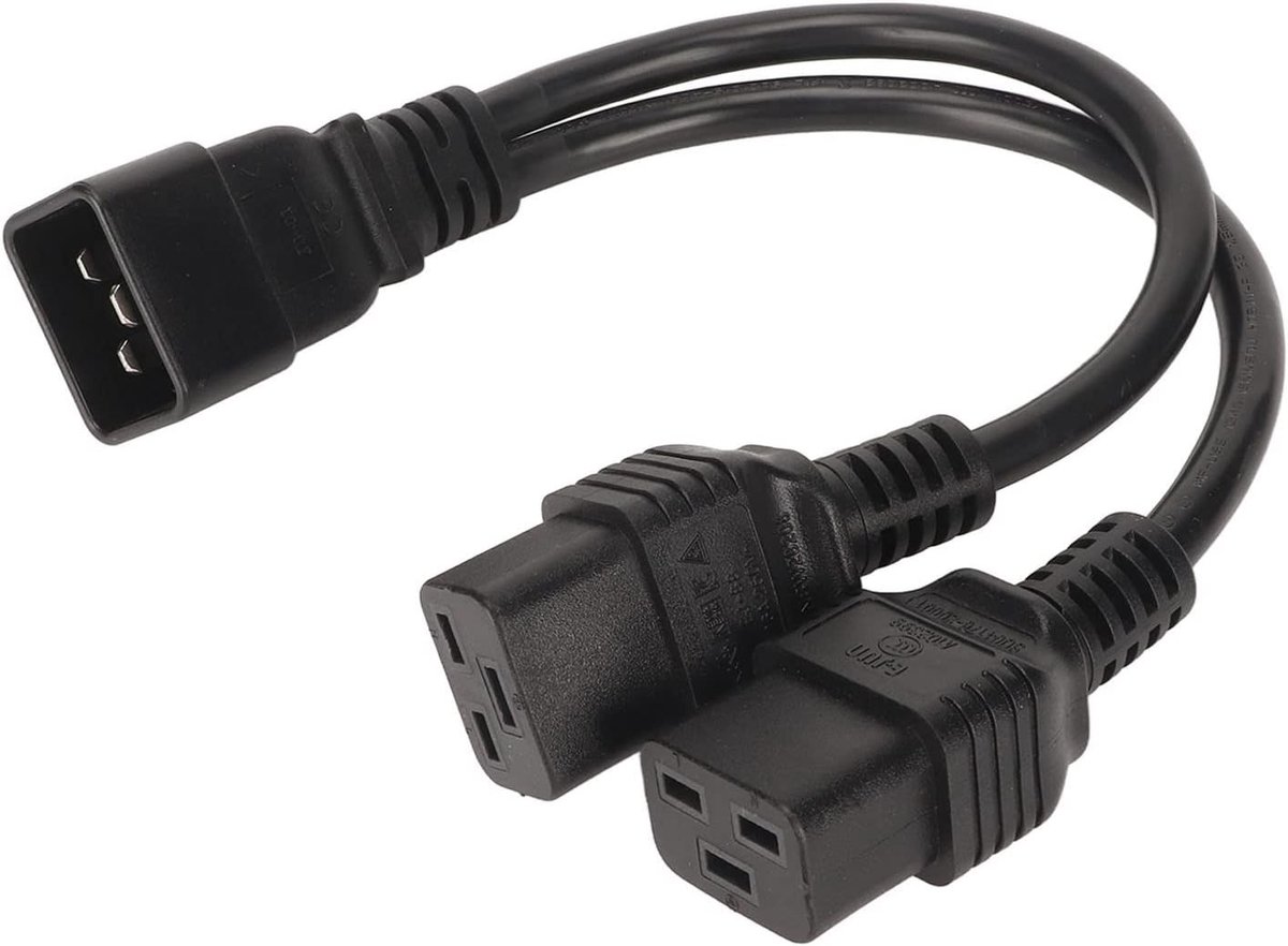 C19 naar C20 kabel, universele Y-splitter voedingskabel met 1 invoer en 2 uitgangen, 32A, 250V, 12,6 inch lengte