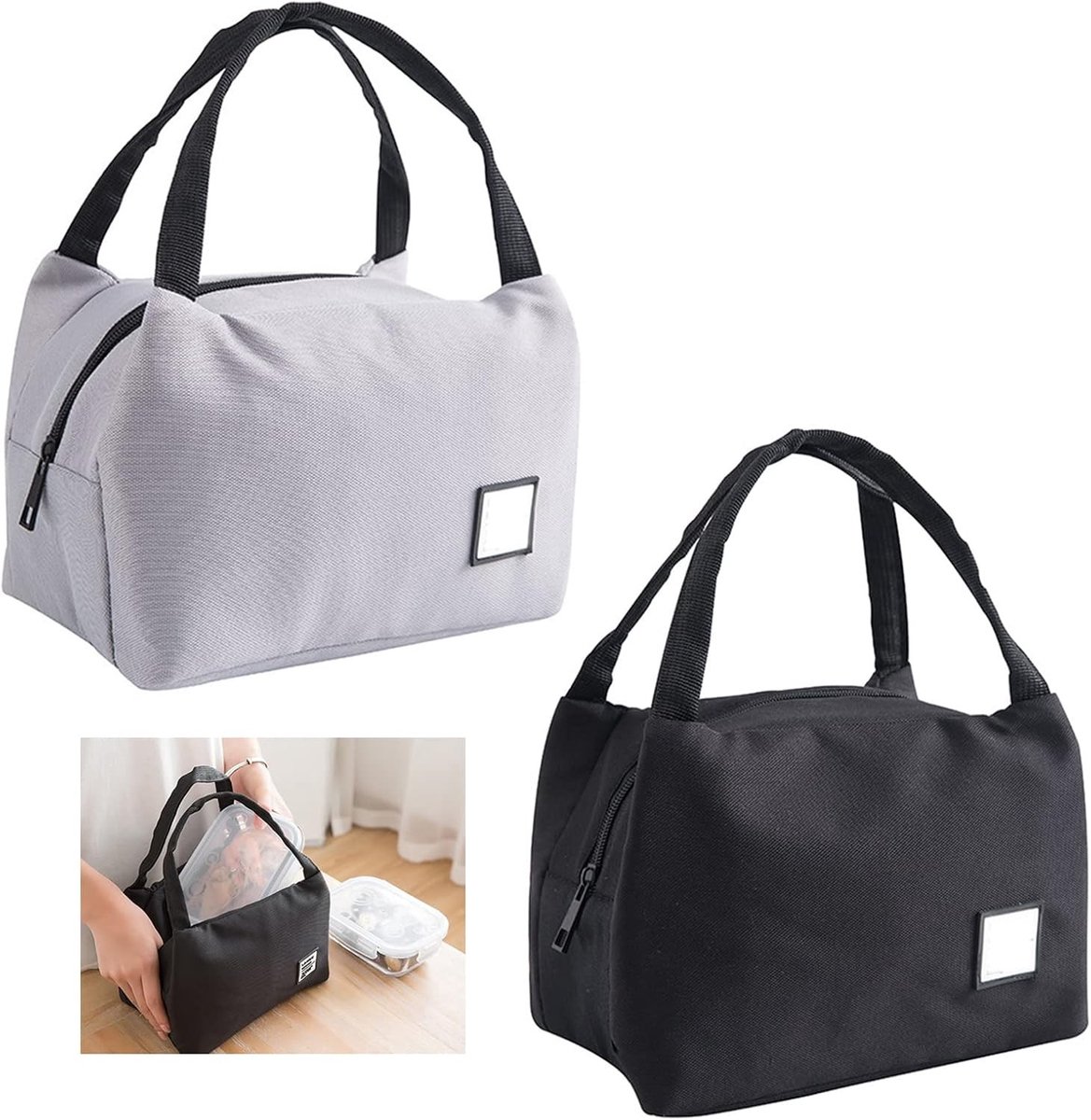Waterdichte Isolerende Tas Set van 2, Vouwbare Thermische Koeltas voor School, Picknick en Reizen, Geschikt voor Kinderen en Volwassenen (Zwart, Grijs)