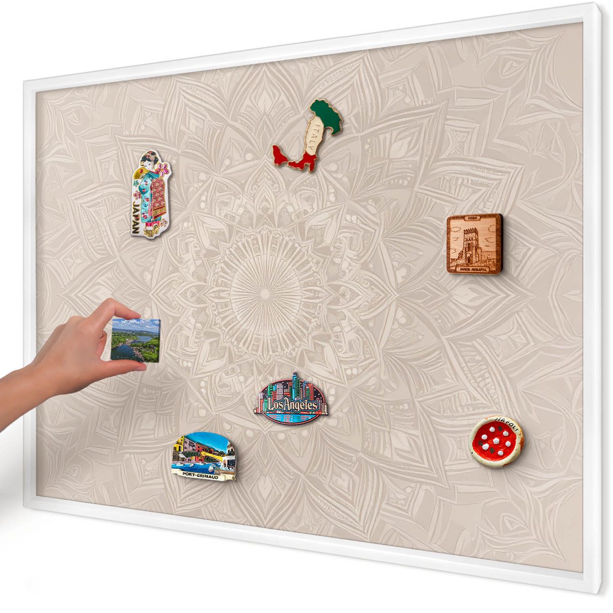Artprintcave Beige Magneetbord mit Witte Lijst - 100x70 cm - Decoratieve Mandala Magneet Bord mit Frame - Geometrische Magneetbord Voor Foto's - Geometrie