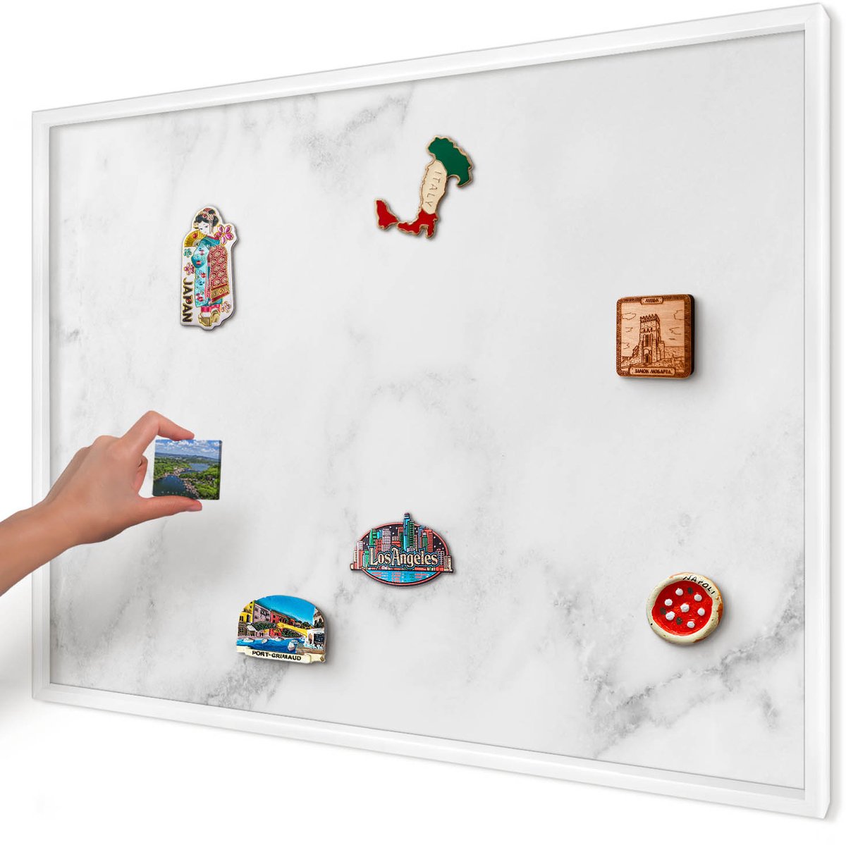 Artprintcave Wit Magneetbord mit Witte Lijst - 100x70 cm - Elegant Marmer Magneetbord Voor Foto's - Minimalist Memobord Keuken - Texturen